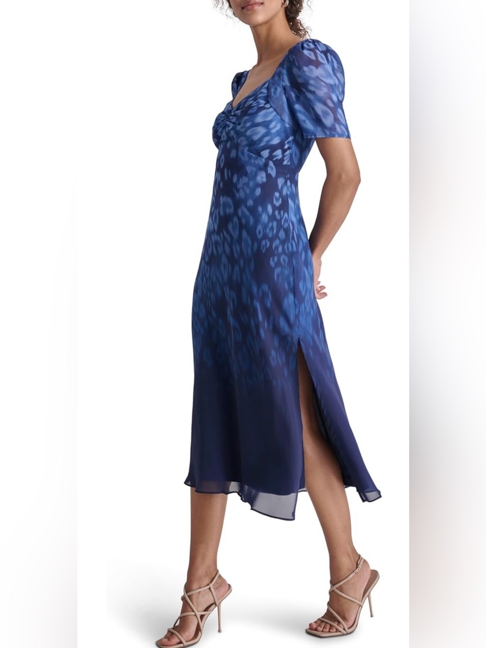 Dkny Blue Women's Short Sleeve Sweetheart Neck Lined Side Slit Midi Dress - Picture 2 of 12